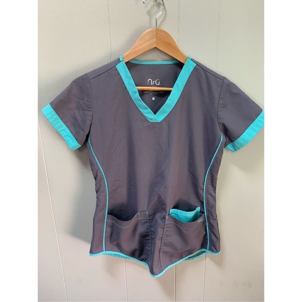 NRG by Barco Stretch V-Neck Grey & Teal Scrub Top XS